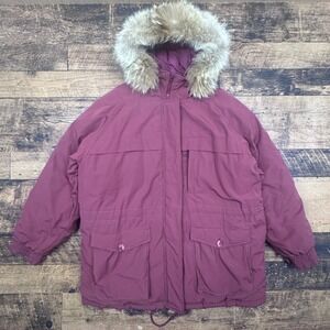 Cabelas Woman Burgundy Goose Down Parka Fur Hood Winter Coat Womens Medium
